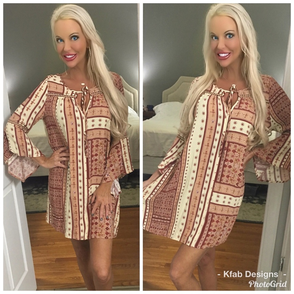 LAST 1! Boho Gorgeous Blush/Melon bell sleeve dress - Picture 2 of 3